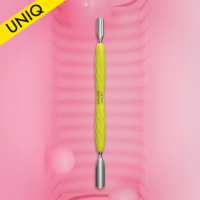 Pousse-cuticules Staleks PRO « Gummy » avec manche en silicone jaune, modèle UNIQ 10 TYPE 1 (pousse-cuticules arrondi large et arrondi étroit)