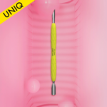 Pousse-cuticules Staleks PRO « Gummy » avec manche en silicone jaune, modèle UNIQ 10 TYPE 2 (pousse-cuticules arrondi, étroit et biseauté)