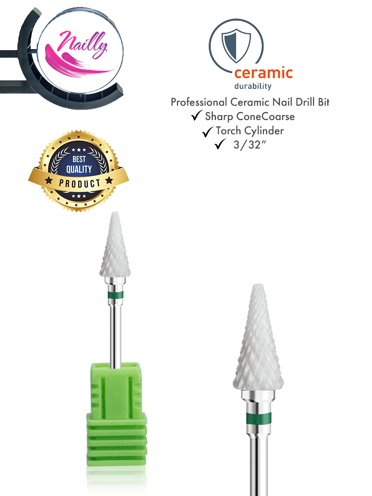 Foret professionnel en céramique pour ongles Nailly, forme conique pointue, grain grossier, 3/32", vert