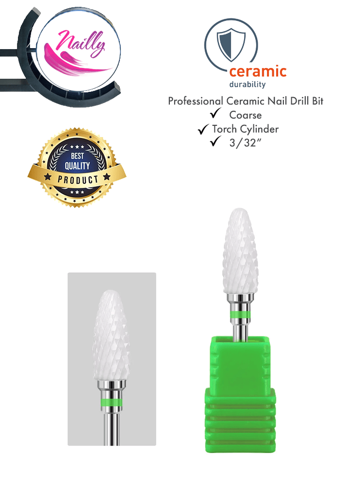 Foret professionnel en céramique Nailly pour ongles, forme cylindrique, grain moyen-grossier, 3/32", vert