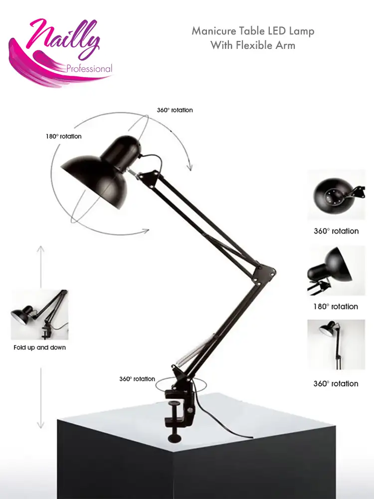 Lampe de table professionnelle pour manucure, avec bras pivotant flexible, noire