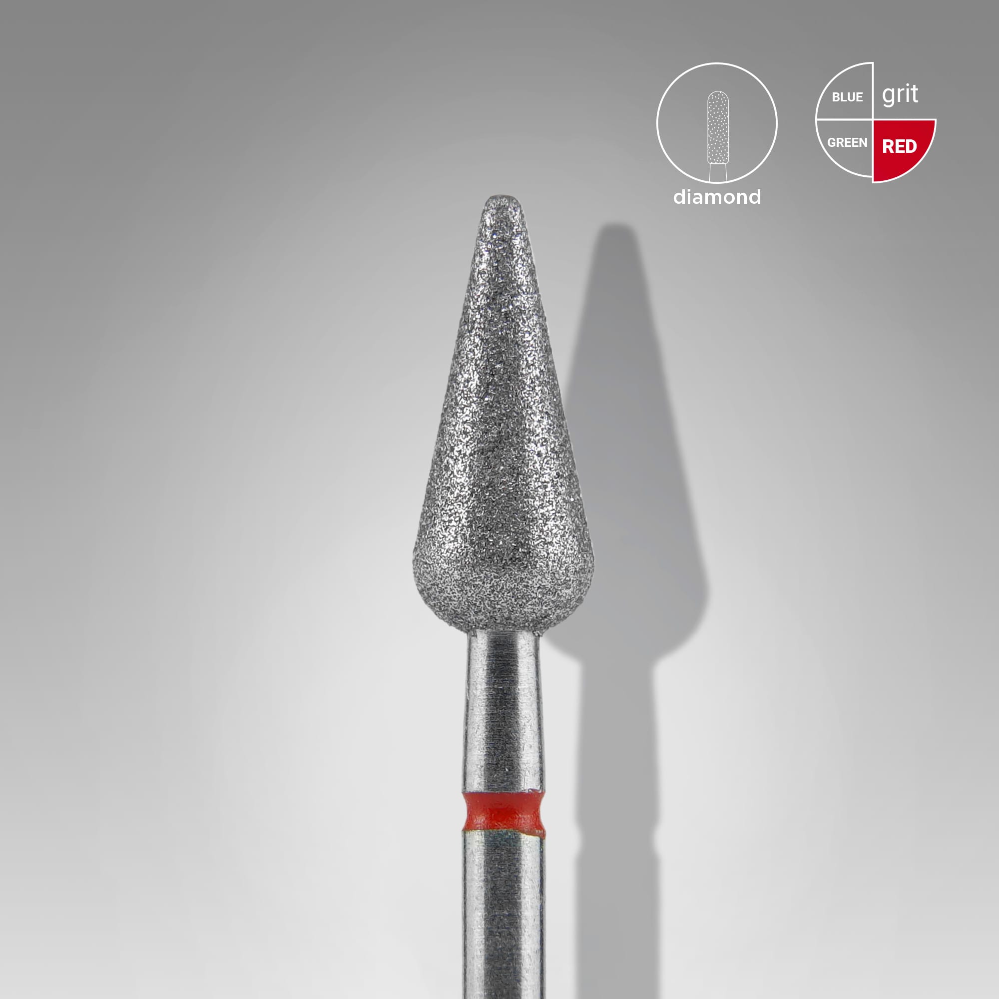 Foret diamanté pour ongles Staleks PRO EXPERT, forme poire pointue, rouge (diamètre de la tête : 5 mm / partie active : 12 mm)