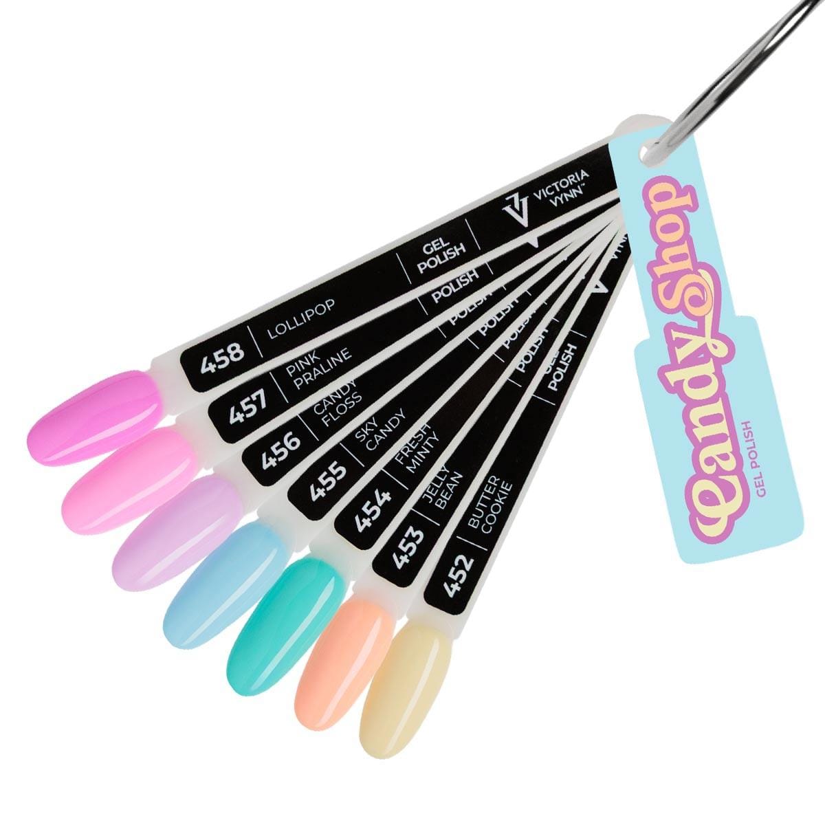 Nuancier des couleurs « Candy Shop » des vernis gel Victoria VYNN Salon, références 452 à 458