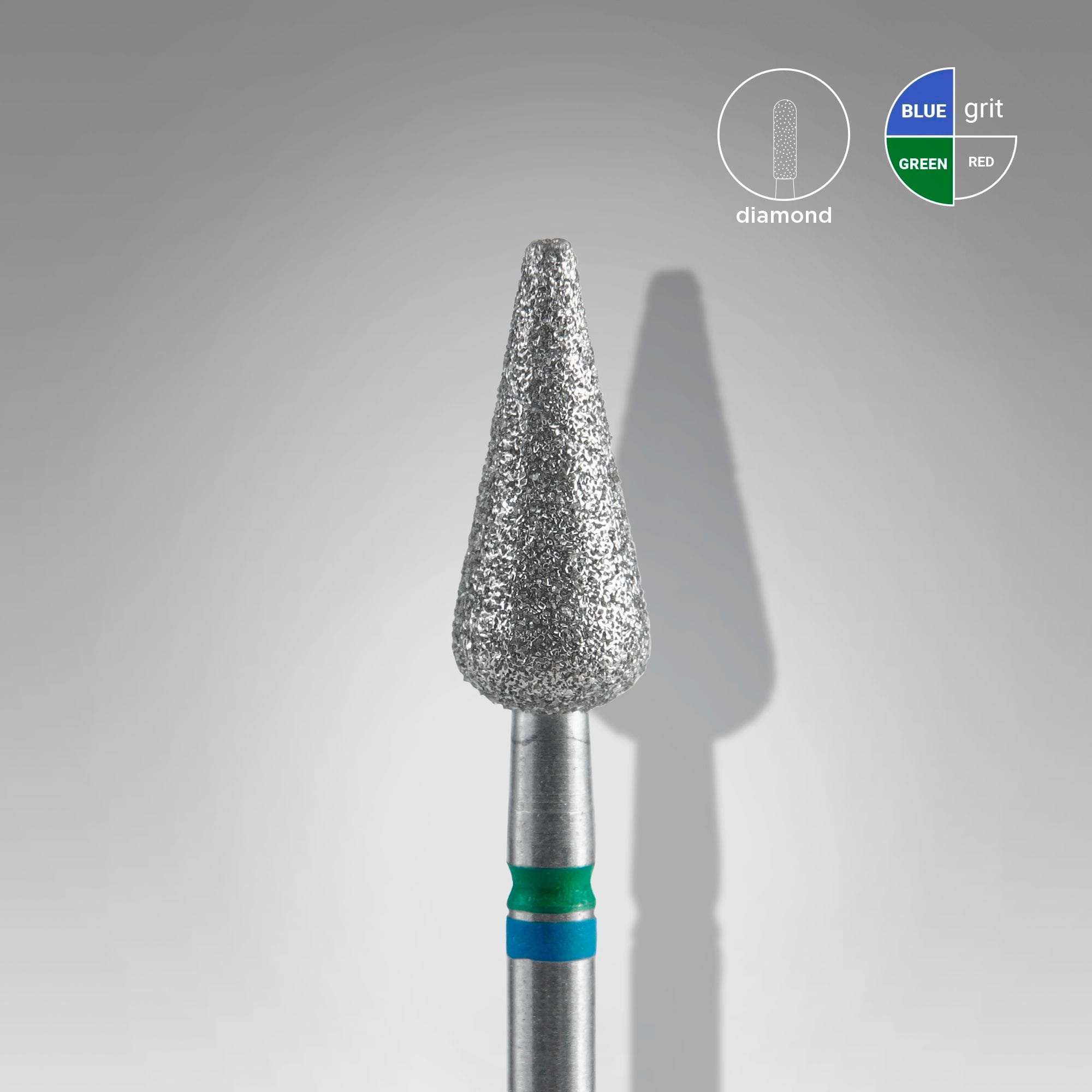 Foret diamanté pour ongles Staleks PRO EXPERT, pointe DUO, forme poire, bleu et vert (diamètre 5 mm / partie active 12 mm)