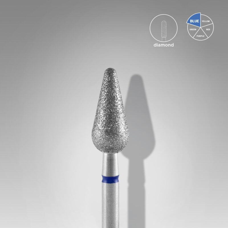 Foret pour ongles Staleks PRO Diamond, tête EXPERT bleue en forme de poire arrondie, diamètre de la tête : 5 mm / partie active : 12 mm