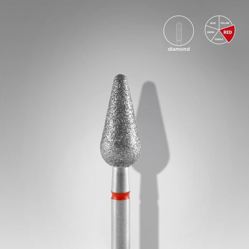 Foret pour ongles Staleks PRO Diamond, tête EXPERT rouge poire arrondie, diamètre 5 mm / partie active 12 mm
