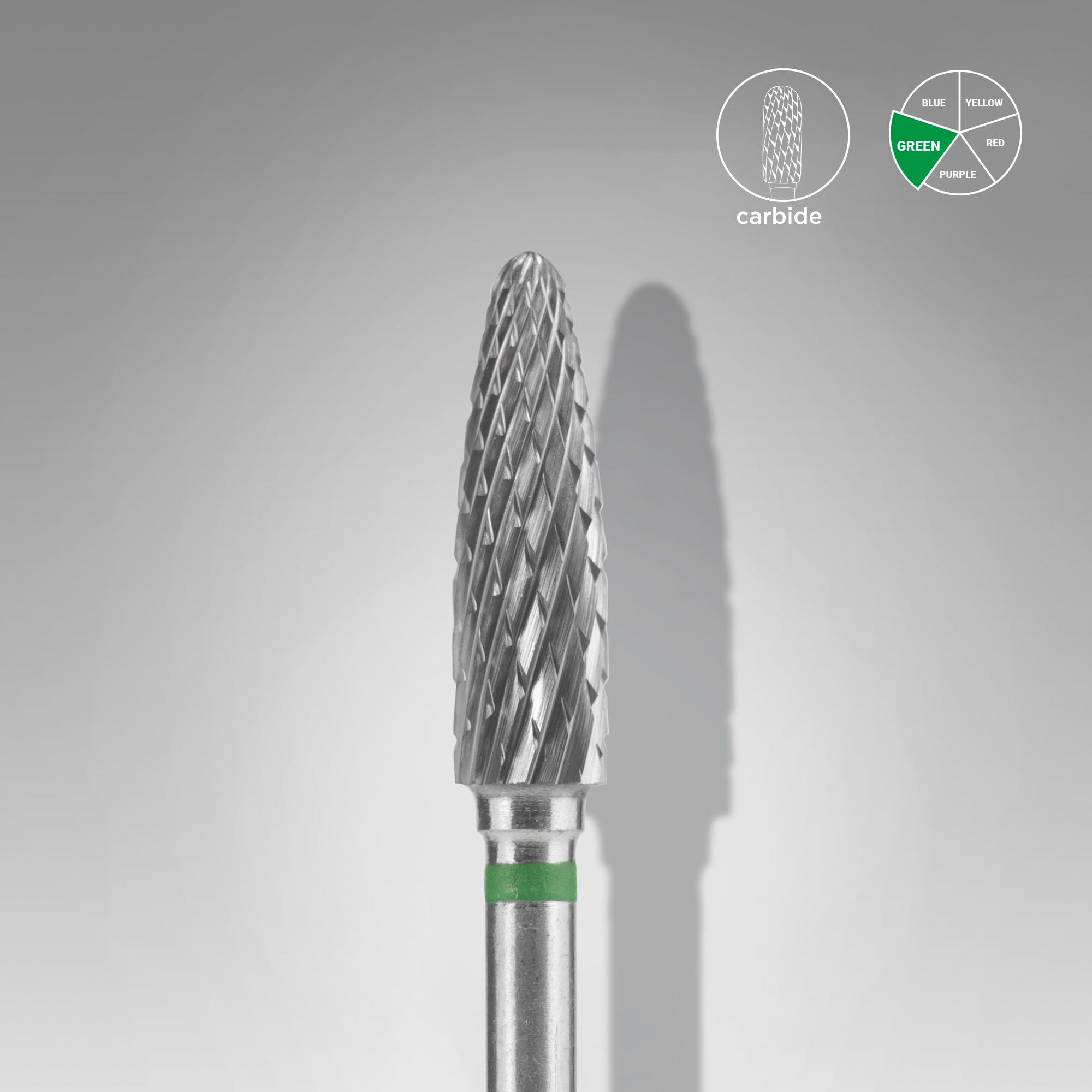 Broca de carburo para uñas Staleks, "Corn", verde, diámetro de la cabeza: 4 mm, parte activa: 14 mm (FT90G040/14)