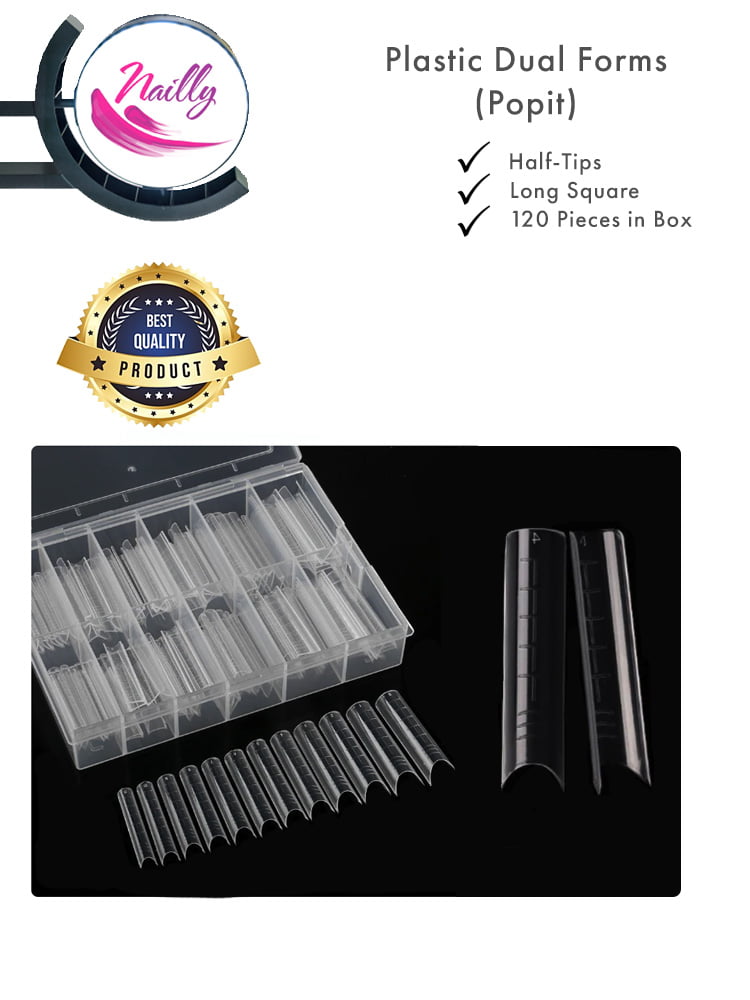Nailly Professional: Moldes duales de plástico, forma media, cuadrada alargada, 120 piezas