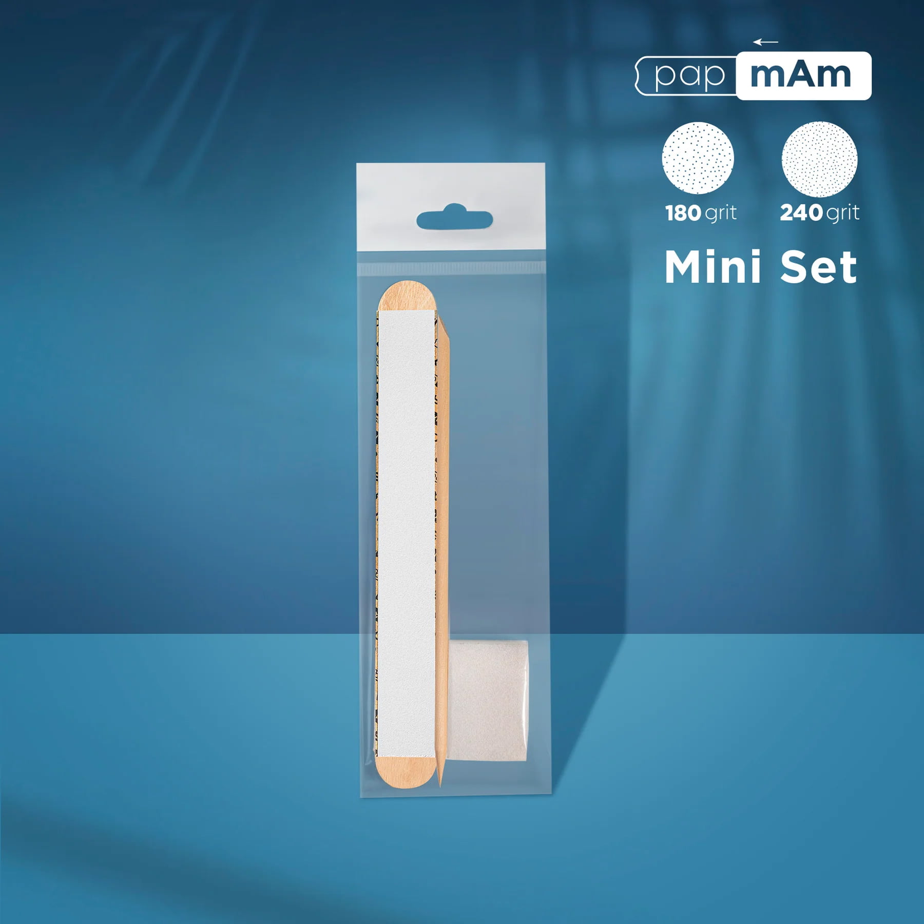 Kit jetable Staleks PRO « papmAm » sur socle en bois : ponceuse à grain 100/180, polissoir à grain 180/240 et bâtonnet en bois de 110 mm