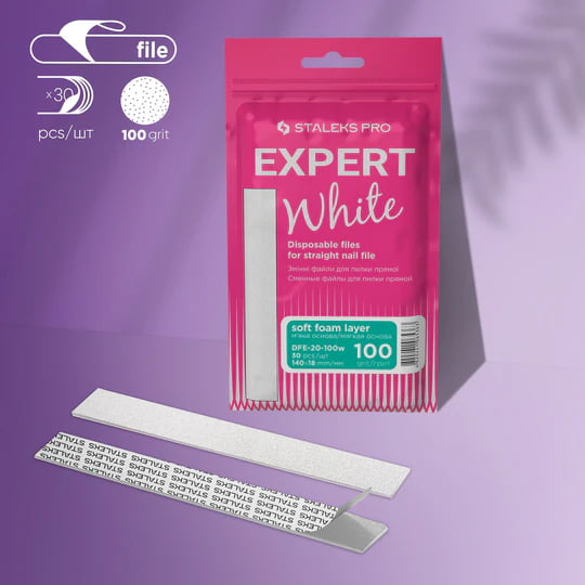 Limes jetables Staleks PRO White pour lime à ongles droite (base souple) Expert 20, grain 100 (30 pièces)