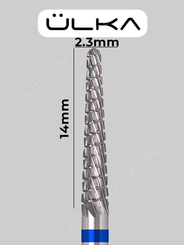 Broca de carburo para uñas ÜLKA, tipo aguja, con punta azul, diámetro de 2,3 mm