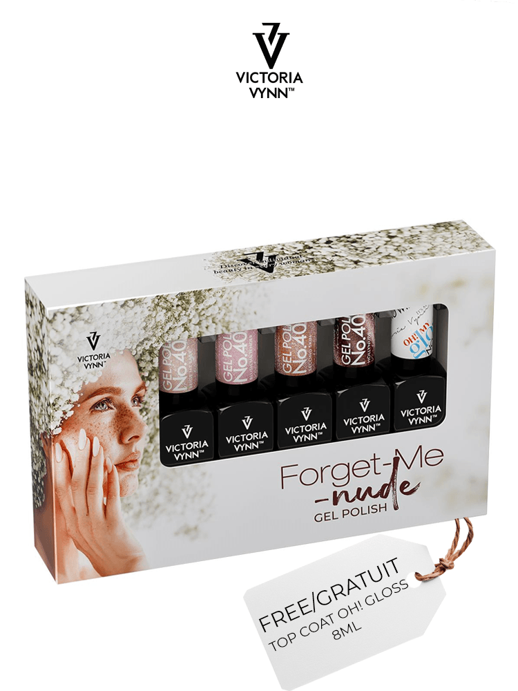 Victoria VYNN: Paquete de 5 esmaltes en gel «Forget me Nude» (404-407) y capa de acabado «Oh! My Gloss» de 8 ml gratis