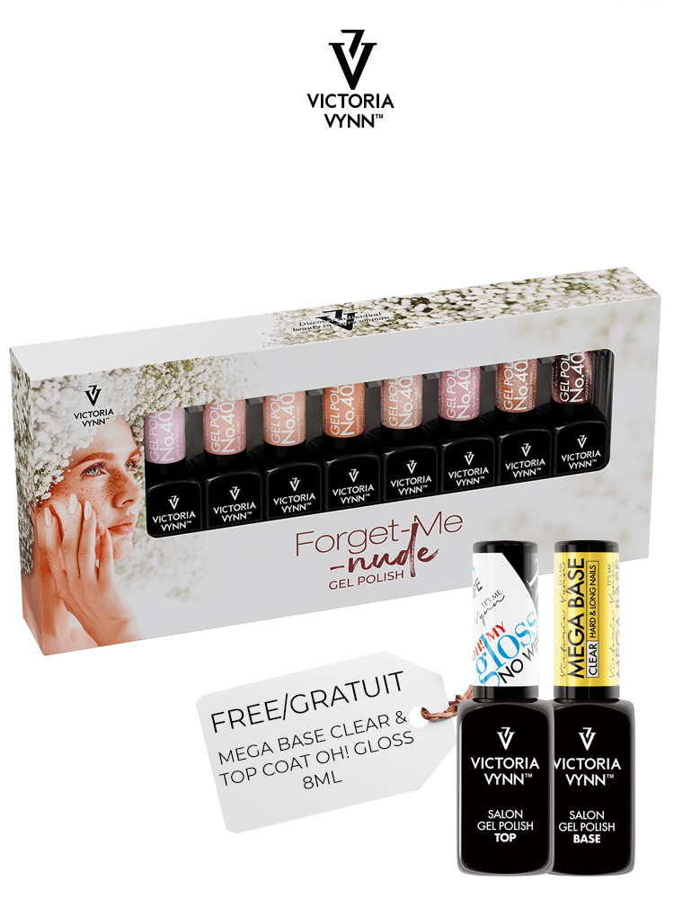 Lot de 8 vernis gel « Forget me Nude » de Victoria VYNN (réf. 400-407) + base transparente « Mega Base » et top coat « Oh! My Gloss » offerts