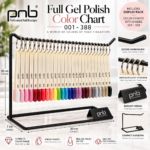 Gama completa de colores de esmaltes en gel PNB 001–388 (incluye estante)